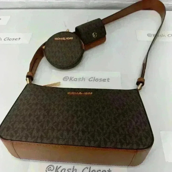 Michael Kors Crossbody Tech Attach Small Jet Set Travel MK Signature Brown - Picture 5 of 12